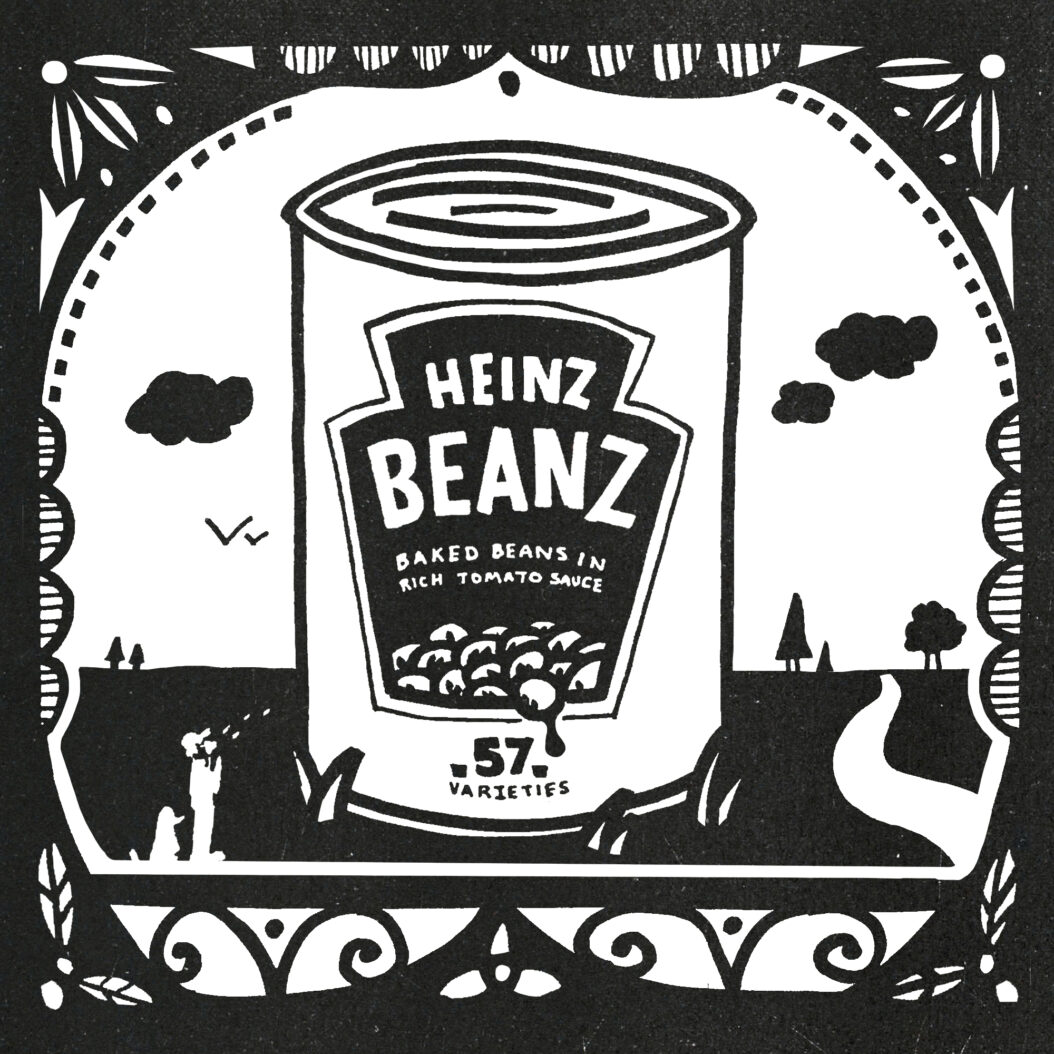 This illustration shows a giant can of beans sitting in a park. A man and his dog look on.