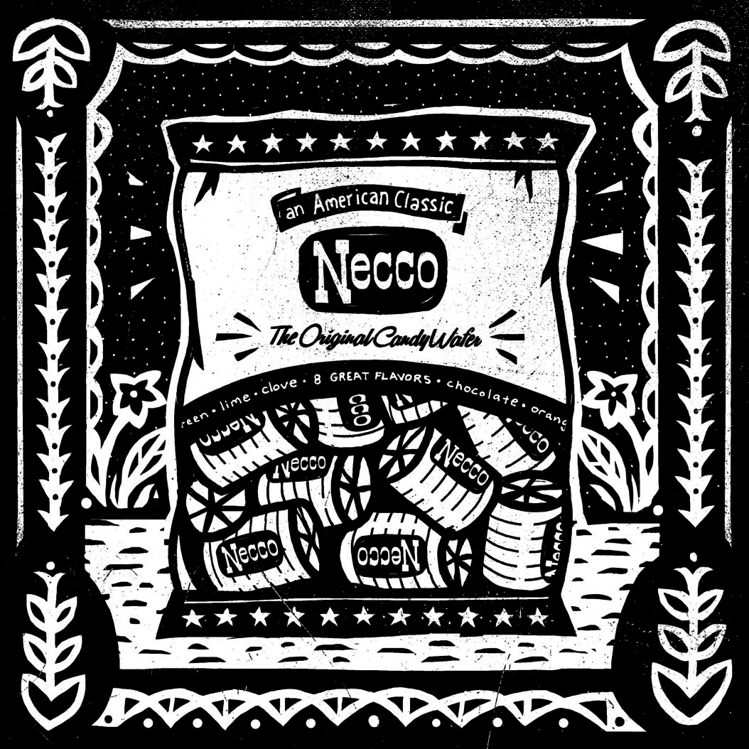 Black and white Illustration of Necco Wafers in an ornate frame.