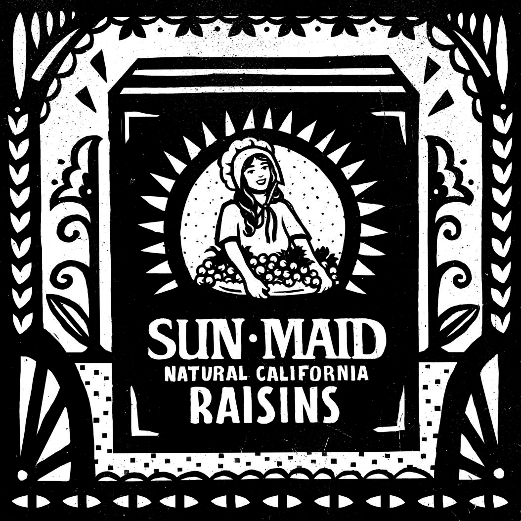 A black and white illustration featuring Sun-Maid Raisins.