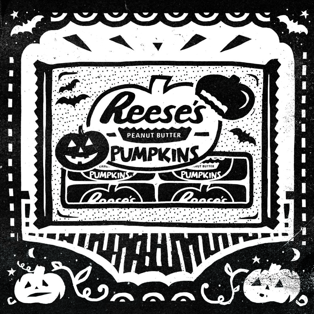 Illustration of Reese's Peanut Butter Pumpkins. 
