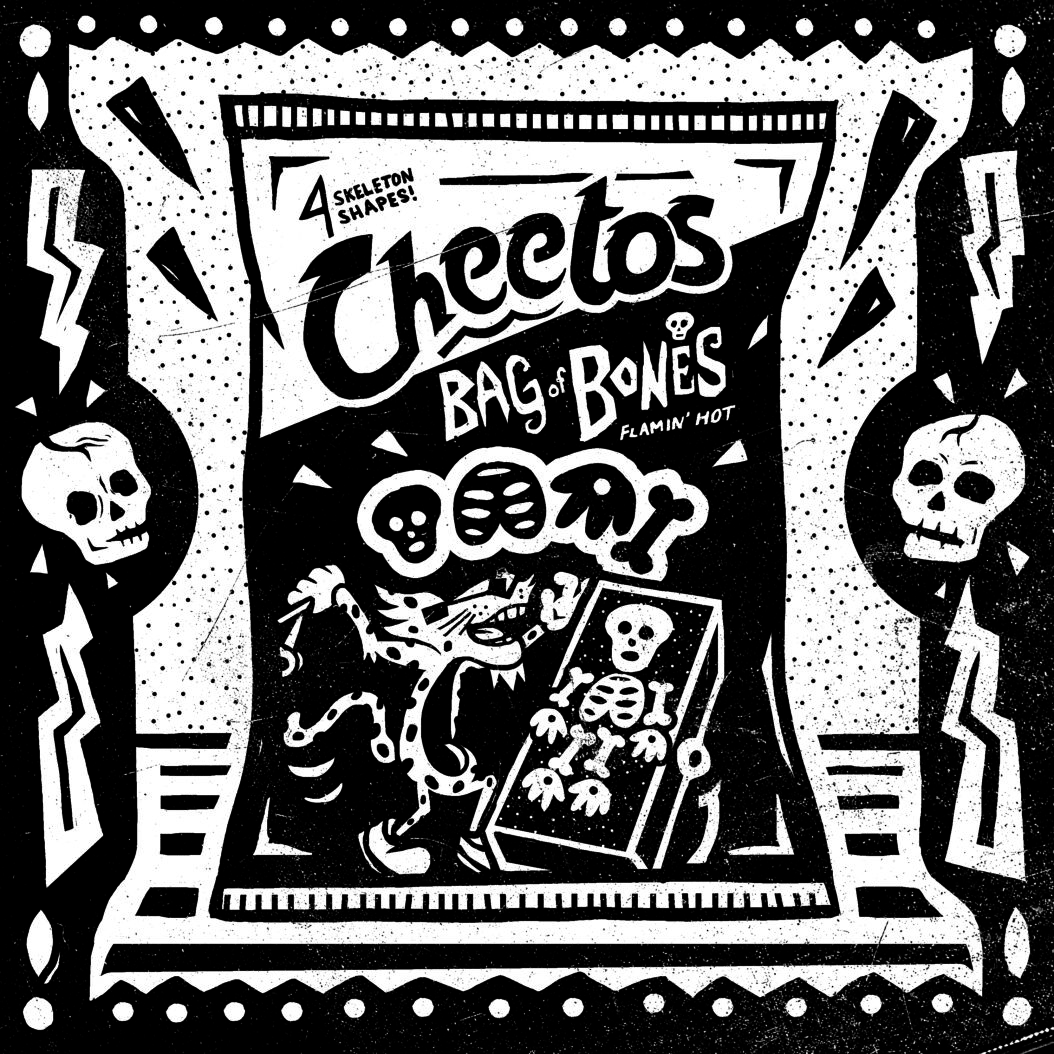 A black and white illustration of Bag of Bones Cheetos, an Indestructible Food.