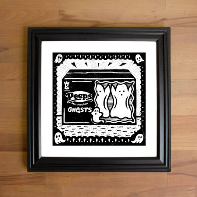 A black and white print of Peeps brand marshmallow ghosts.