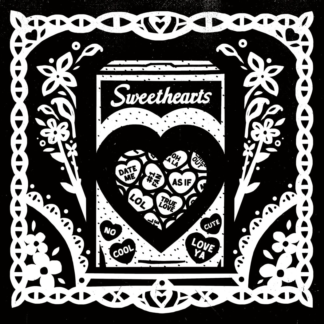 Black and white illustration of an Indestructible Food: Sweethearts Conversation Hearts.