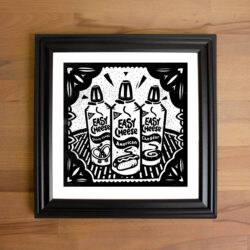 A black and white print featuring three Easy Cheese varieties.